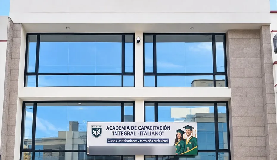 Fachada de la sede de la Academia ITALIANO en Calderón, con el rótulo institucional en la planta alta